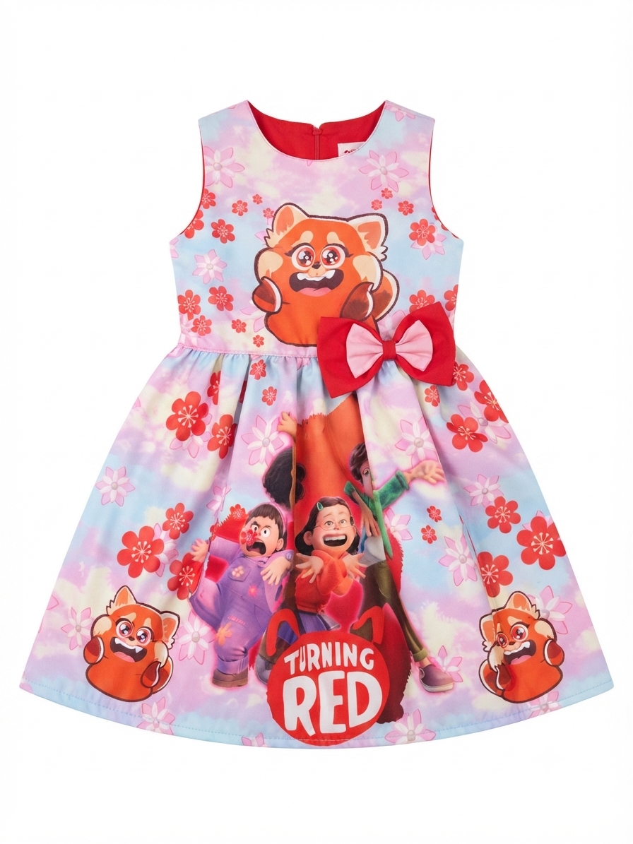 Vestido niña estampado de panda rojo y personajes con moño decorativo