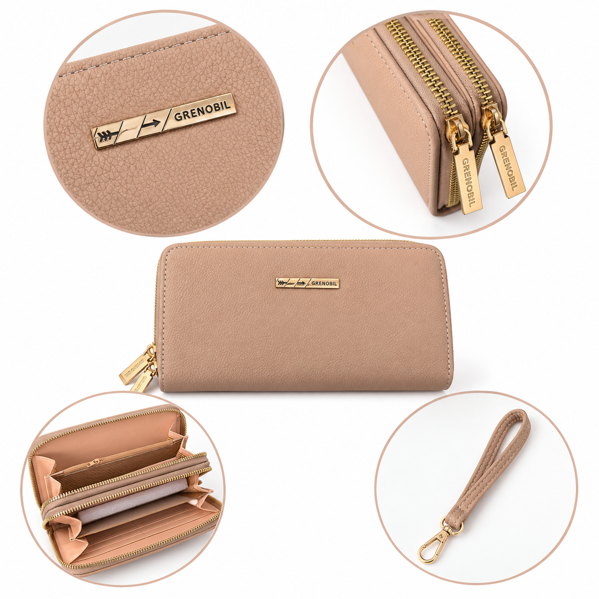 Cartera dama con doble cierre y múltiples compartimentos