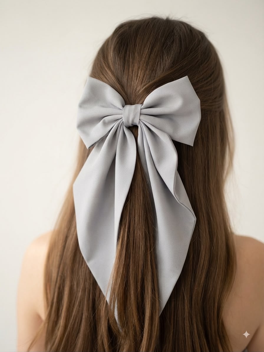 Moño coquette niña de satín gris con caídas elegantes