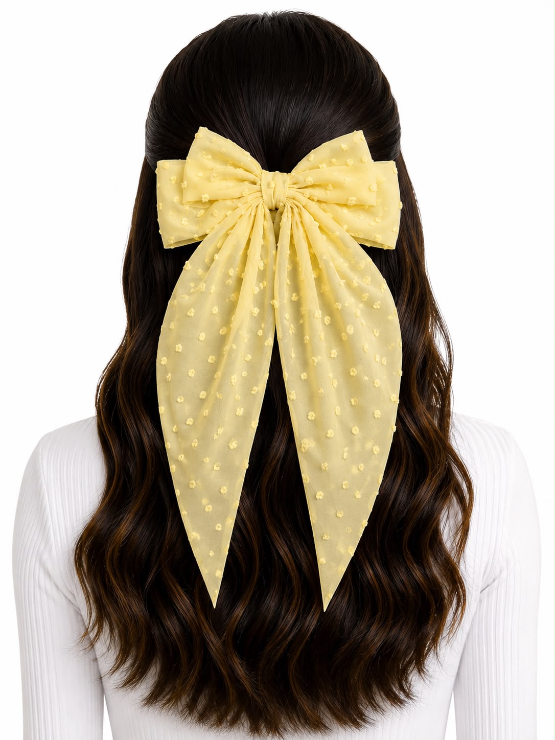 Moño coquette niña amarillo pastel de tul con textura floral