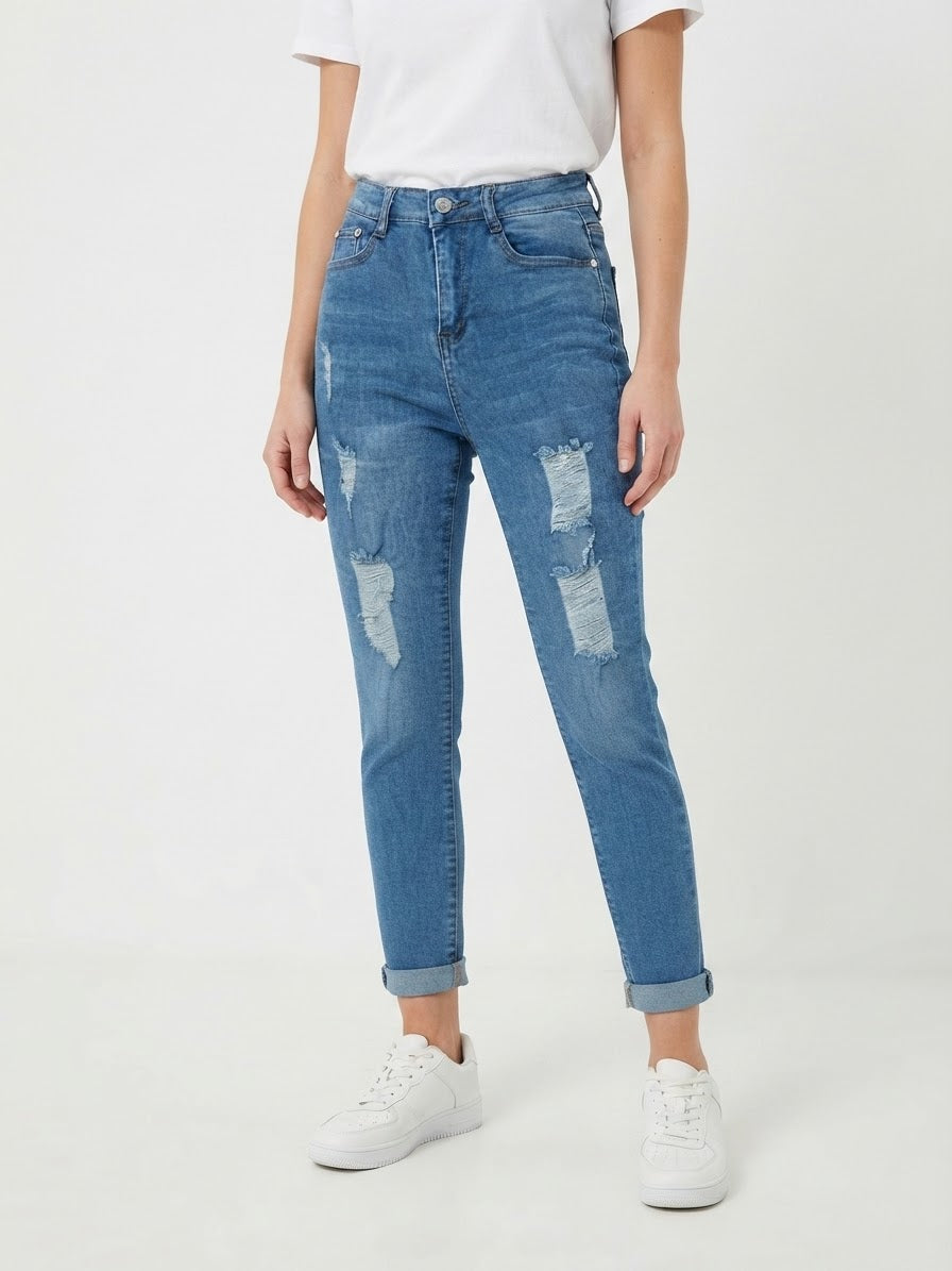 Pantalón dama mezclilla azul con rasgados