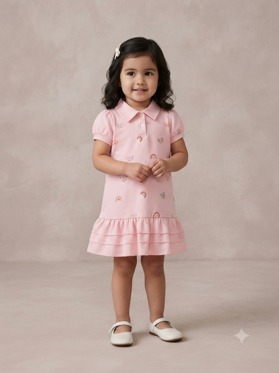 Vestido niña tipo polo rosa con estampado de arcoíris y olanes