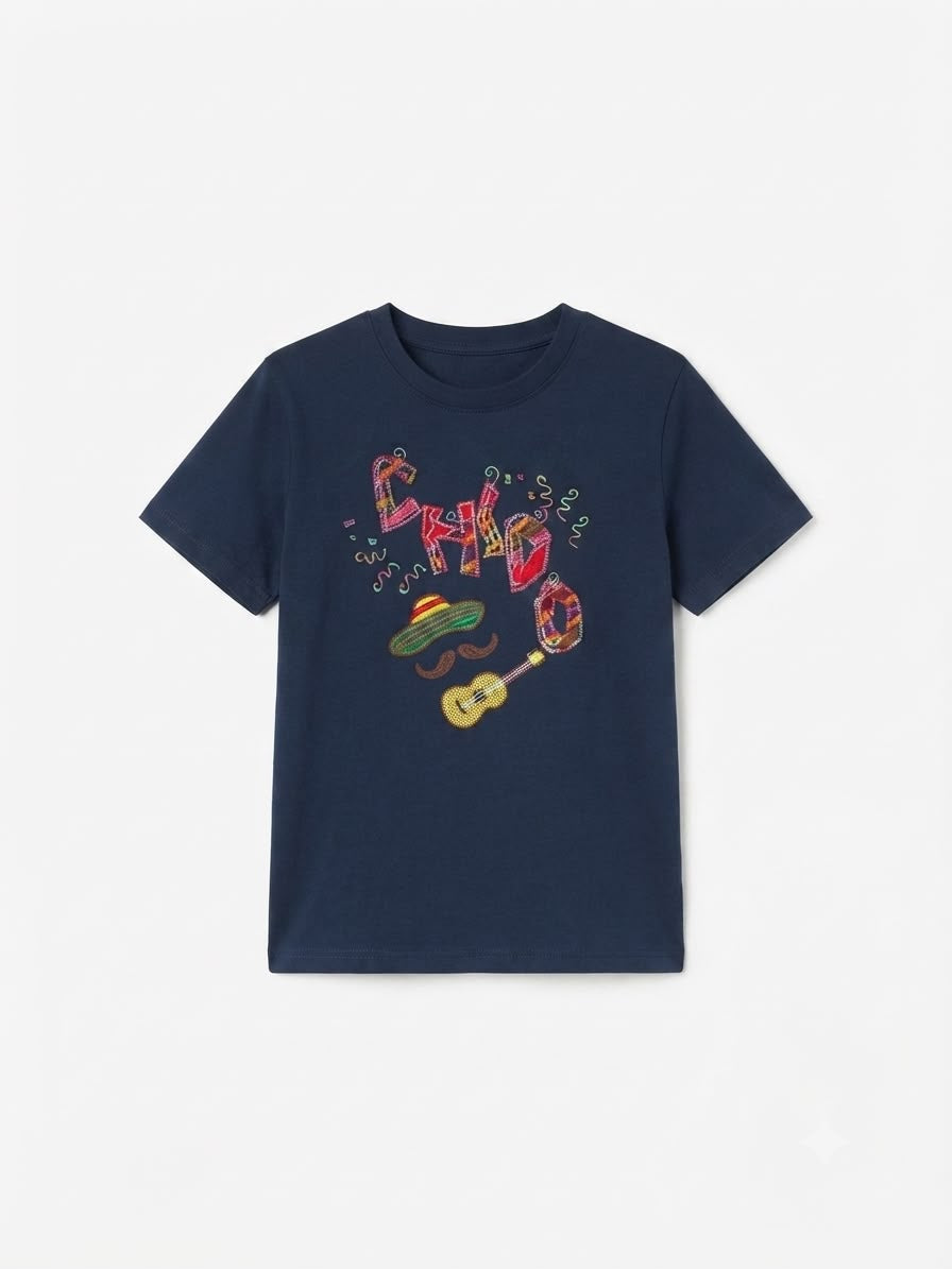 Playera niño cuello redondo color azul marino estampado mexicano