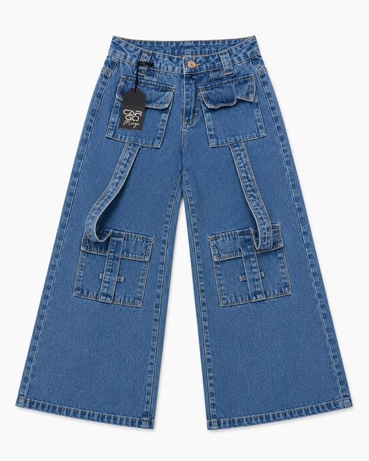 Pantalón niña cargo mezclilla tirantes decorativos