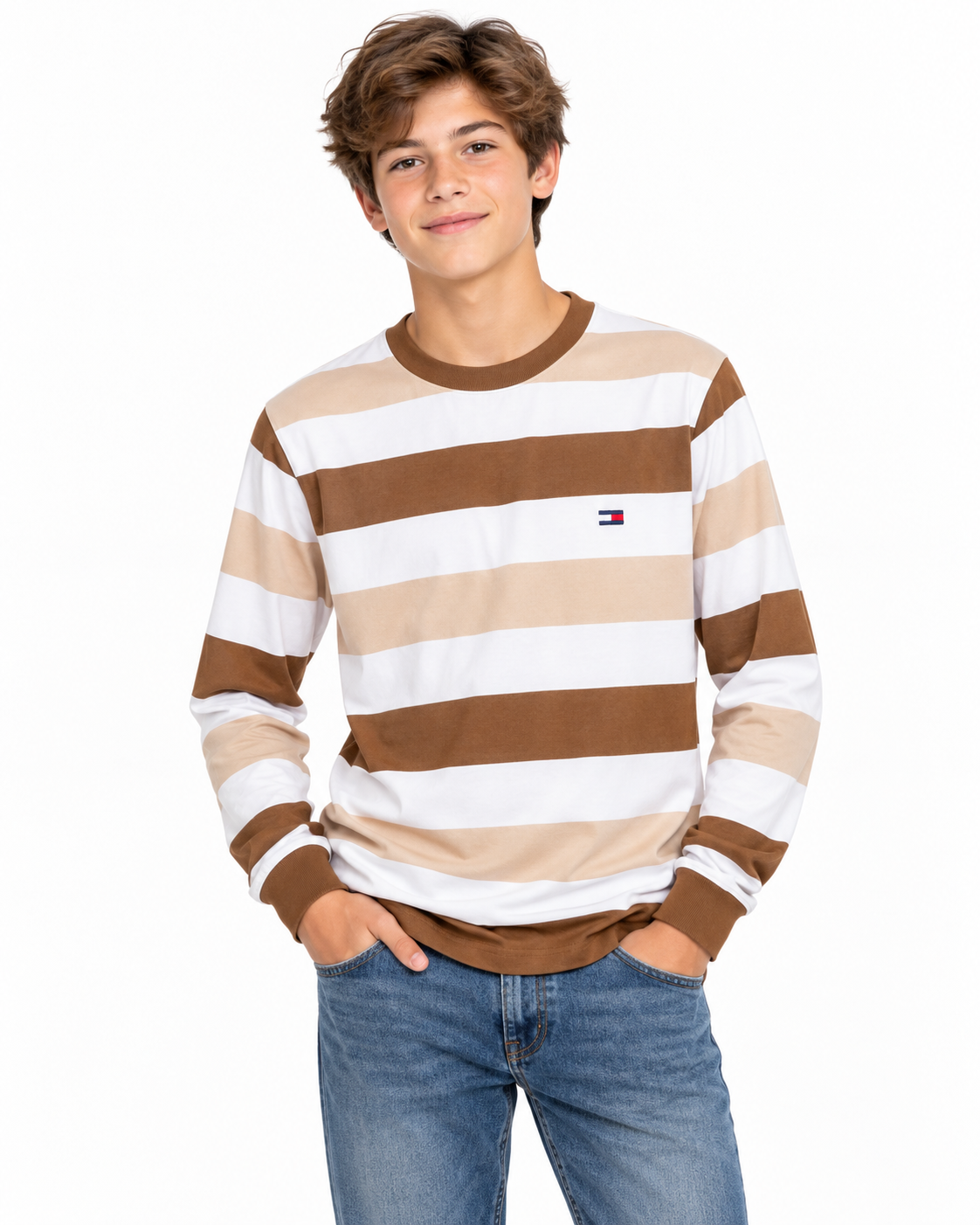 Playera niño manga larga- rayas café