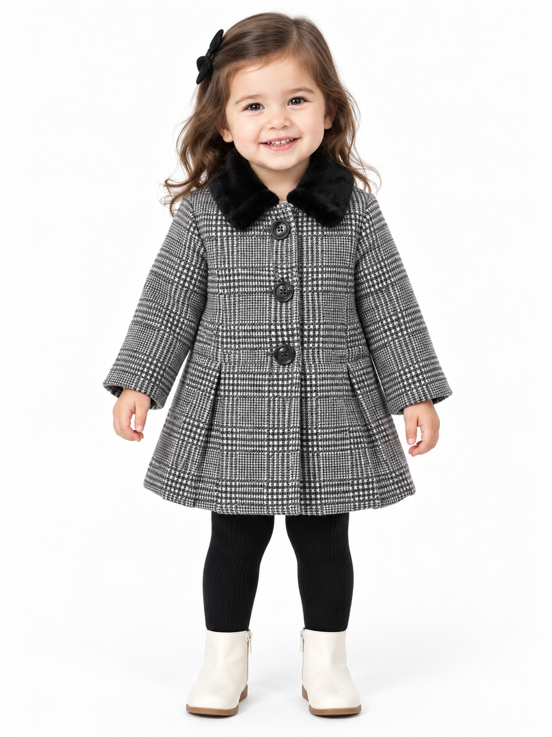 Abrigo Vestido Niña a Cuadros con Cuello de Peluche 🖤