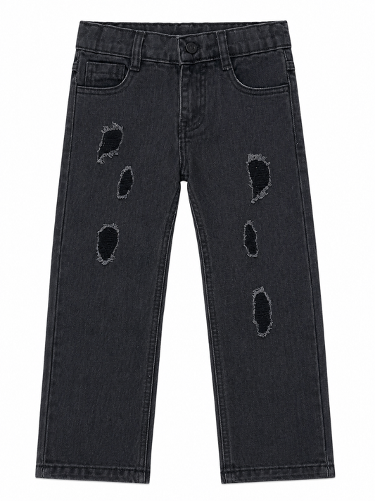 Pantalón niño mezclilla negra con diseño desgastado