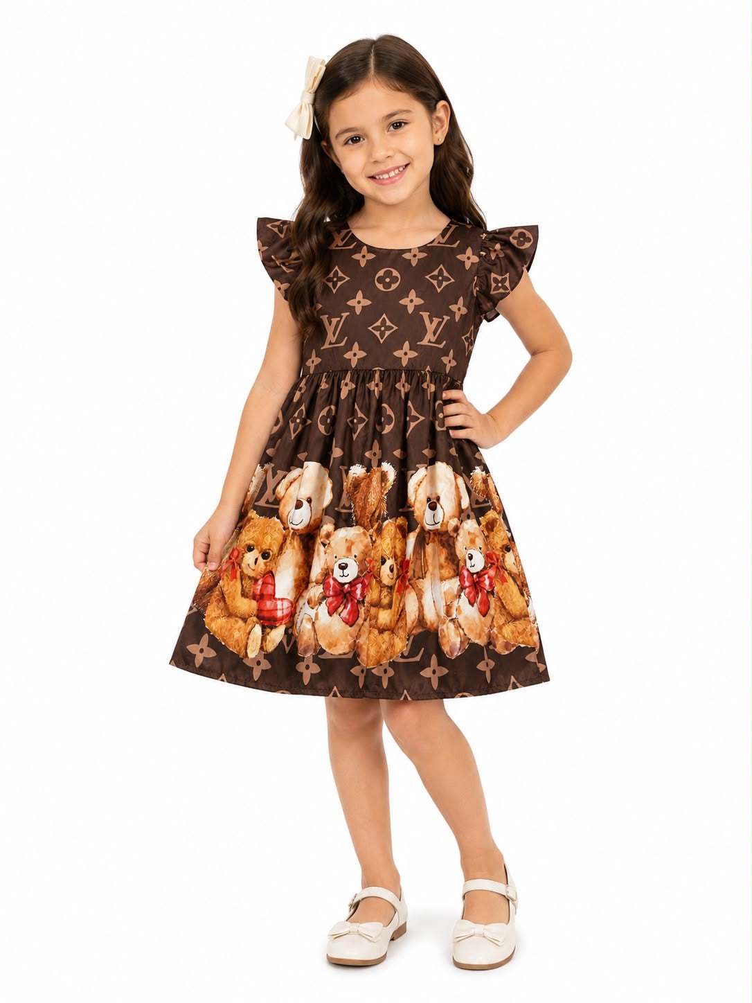 Vestido niña café con estampado de ositos