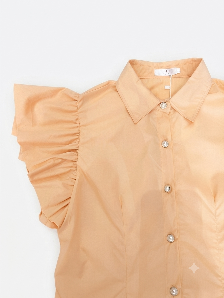 Blusa Dama OFERTA Manga Olanes Cuello Camisero Color Beige