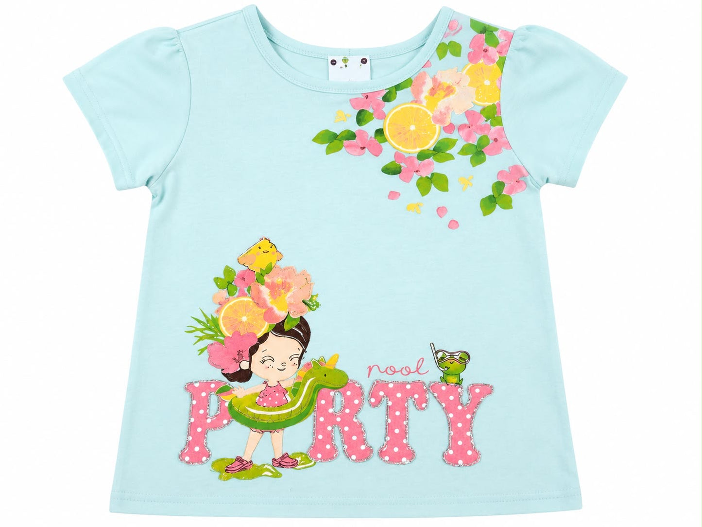 Blusa niña azul cielo con estampado tropical