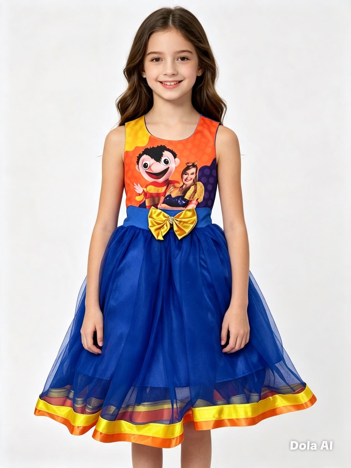 Vestido niña inspirado en personaje infantil con falda de tul azul y moño decorativo