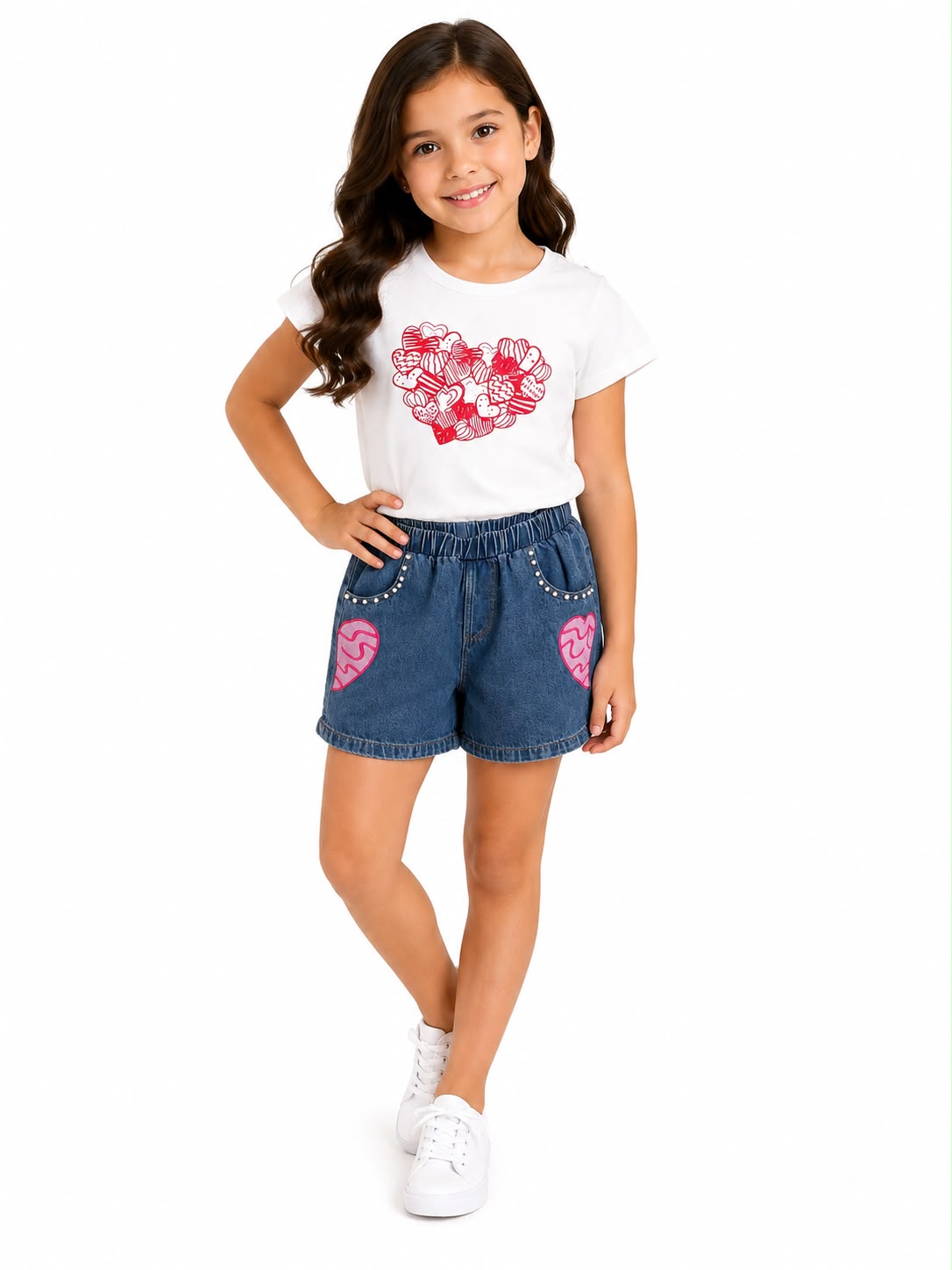 Set niña playera y short de mezclilla con corazones