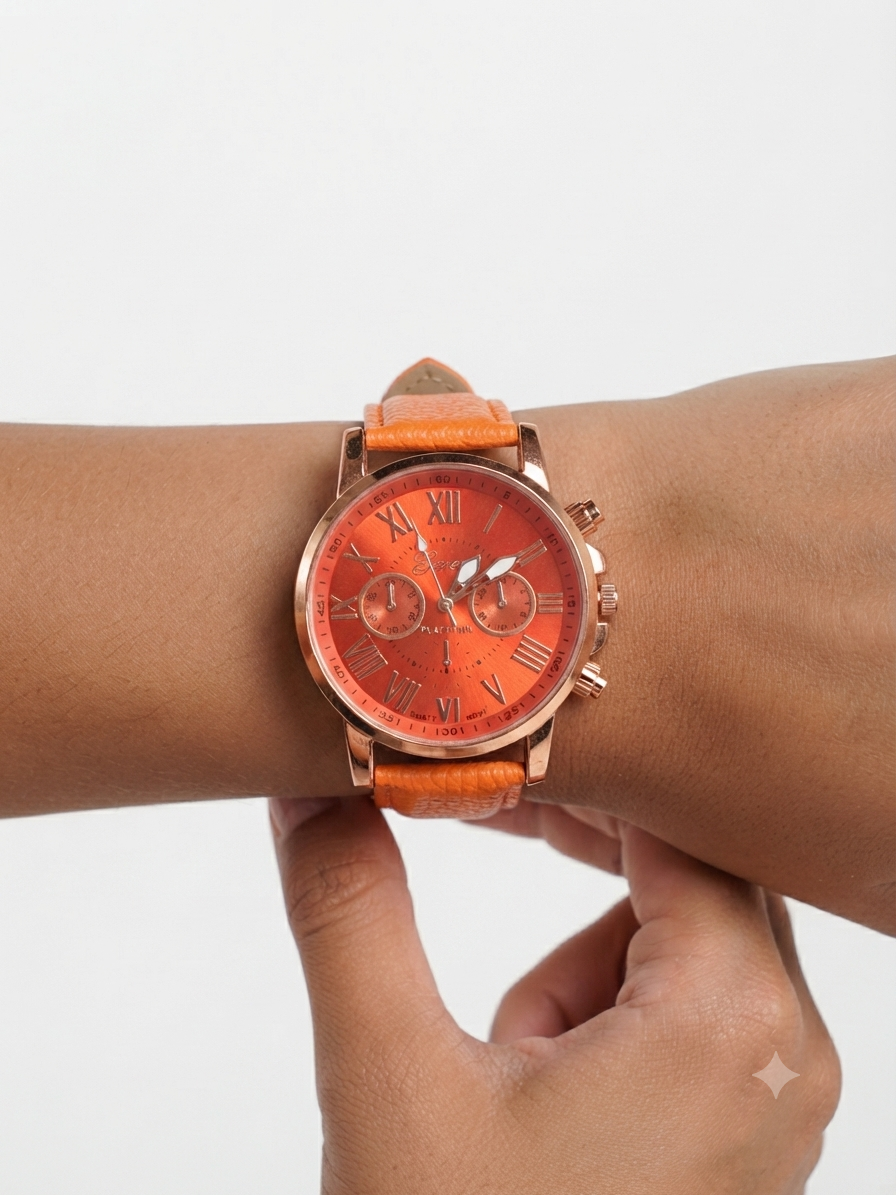 Reloj dama correa naranja bisel oro rosa carátula naranja