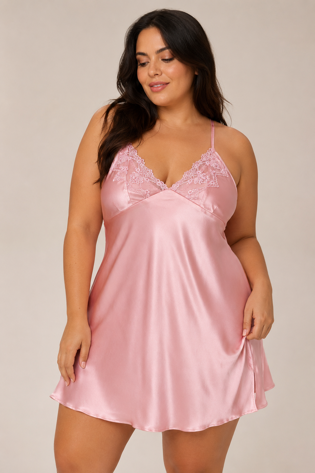 Vestido Pijama DamaSatinado Rosa con Encaje Floral