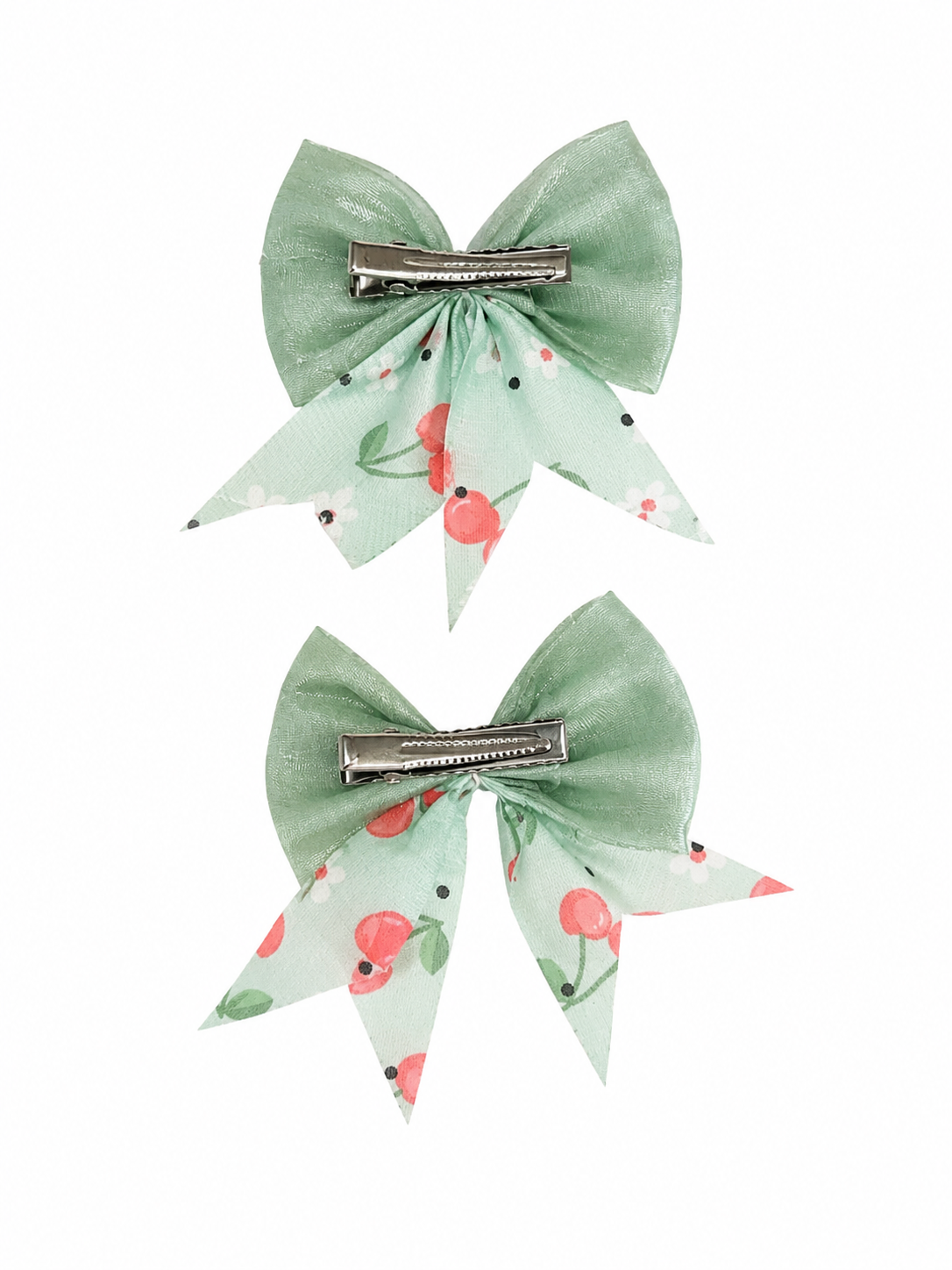 Moño par niña verde menta con cerezas y corazón