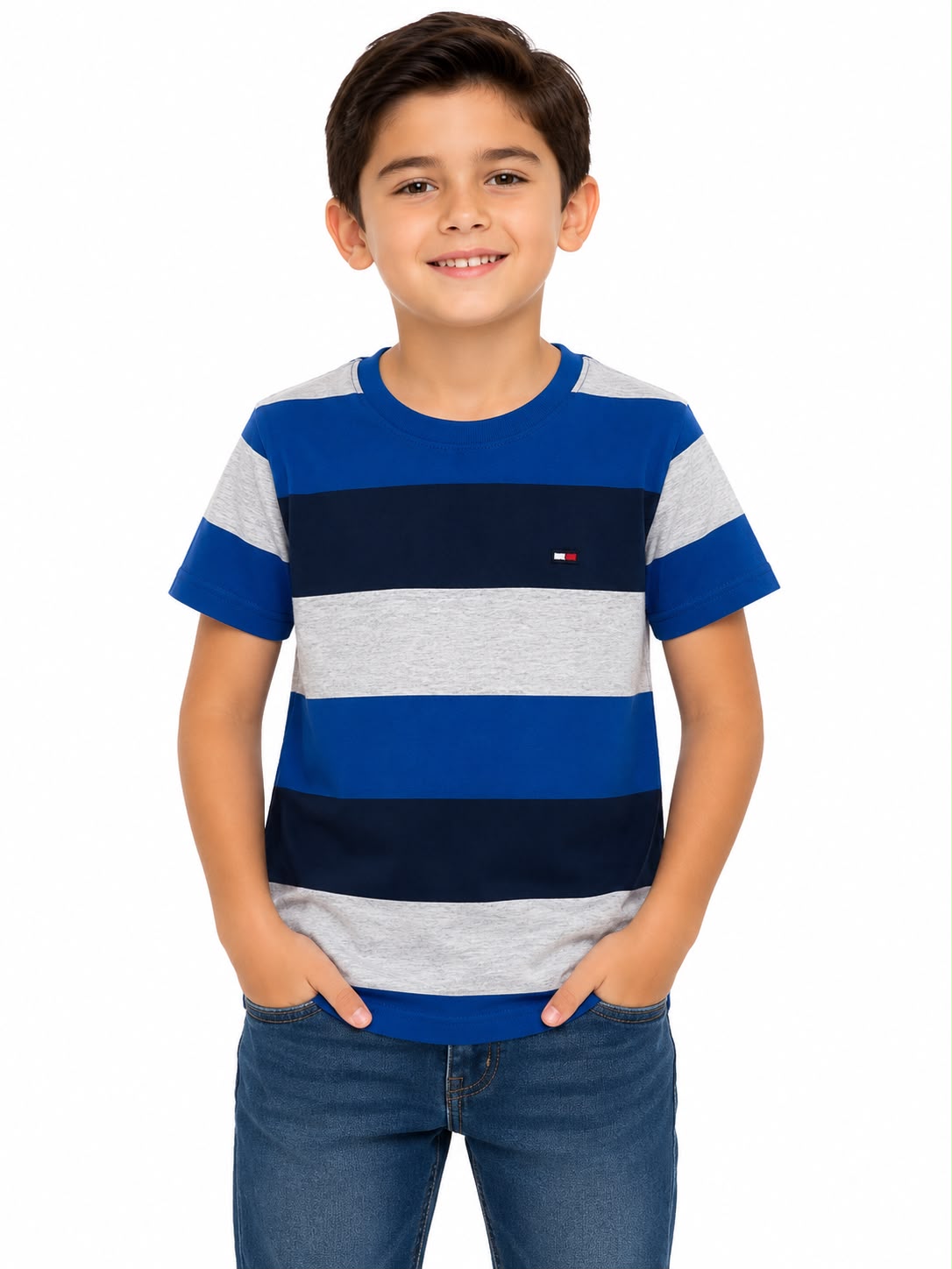 Playera niño cuello redondo rayas azul, gris y azul marino