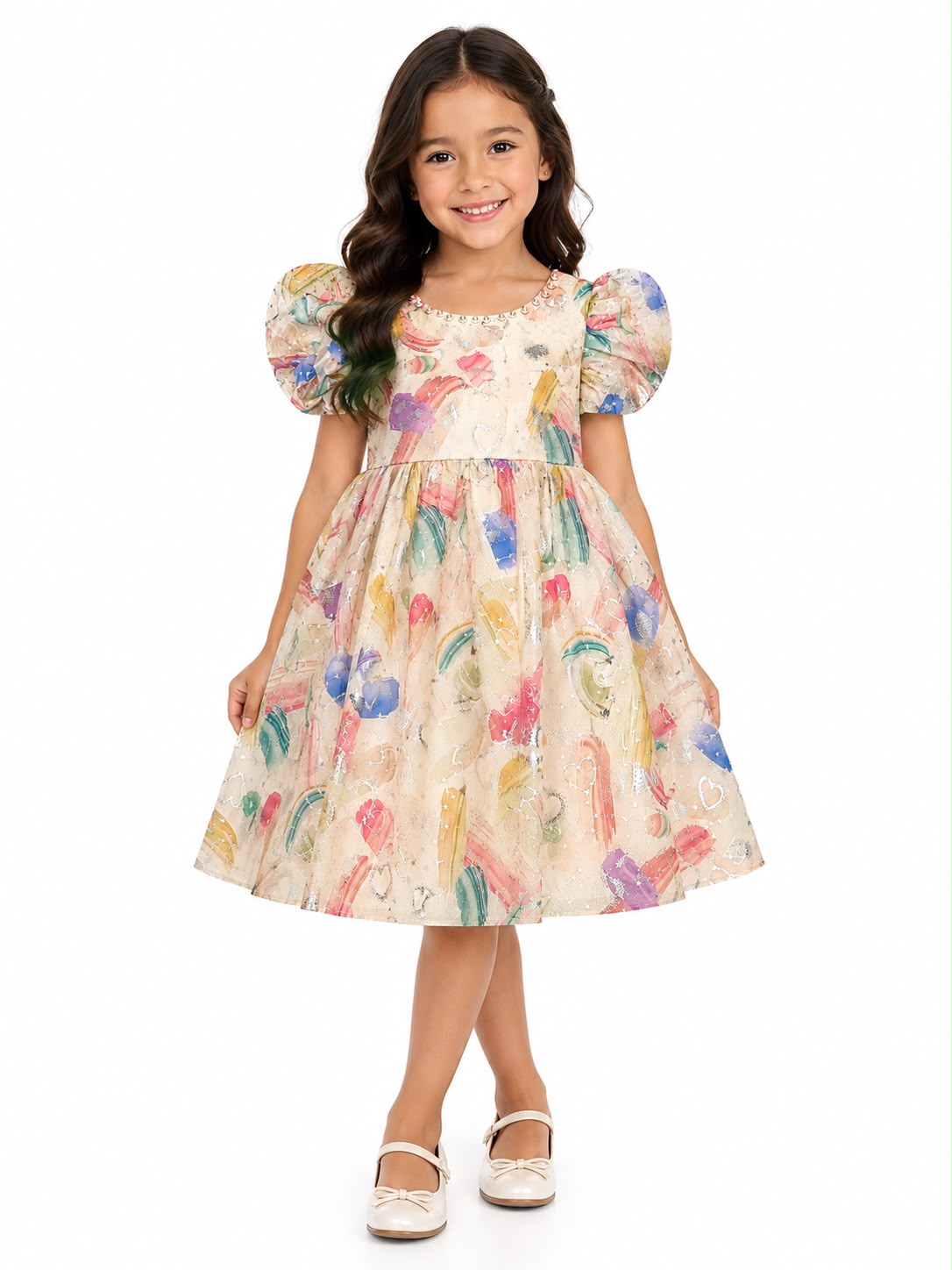 Vestido niña beige con estampado multicolor y mangas abullonadas