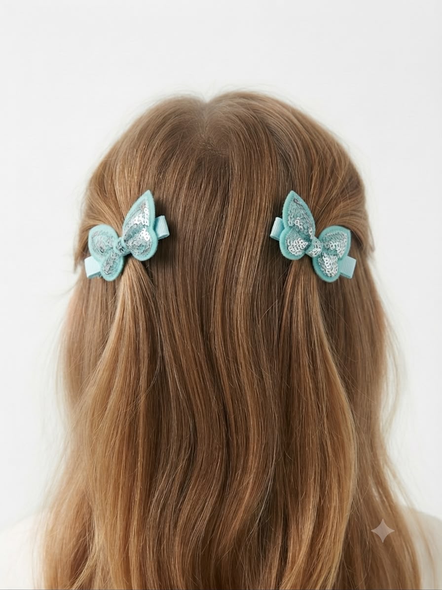 Moño Par Niña Mariposa Turquesa con Lentejuelas