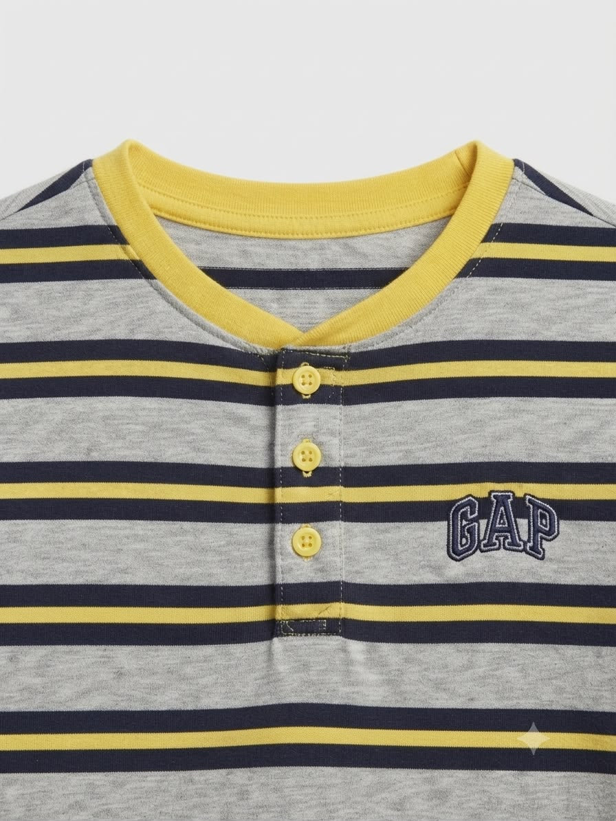Playera niño cuello redondo rayas gris, azul marino y amarillo