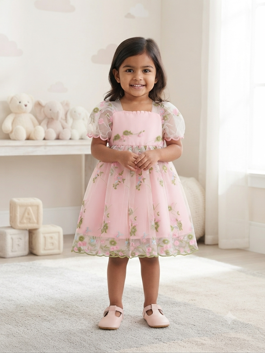 Vestido niña rosa con tul bordado floral y mangas de organza