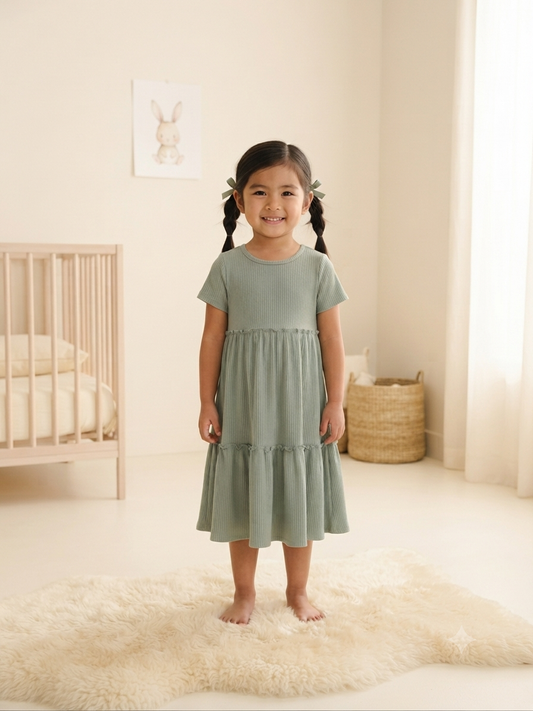 Vestido niña gris de tela acanalada con olanes