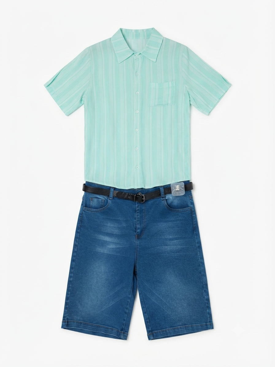 Set niño camisa + bermuda de mezclilla con cinturón – Verde agua