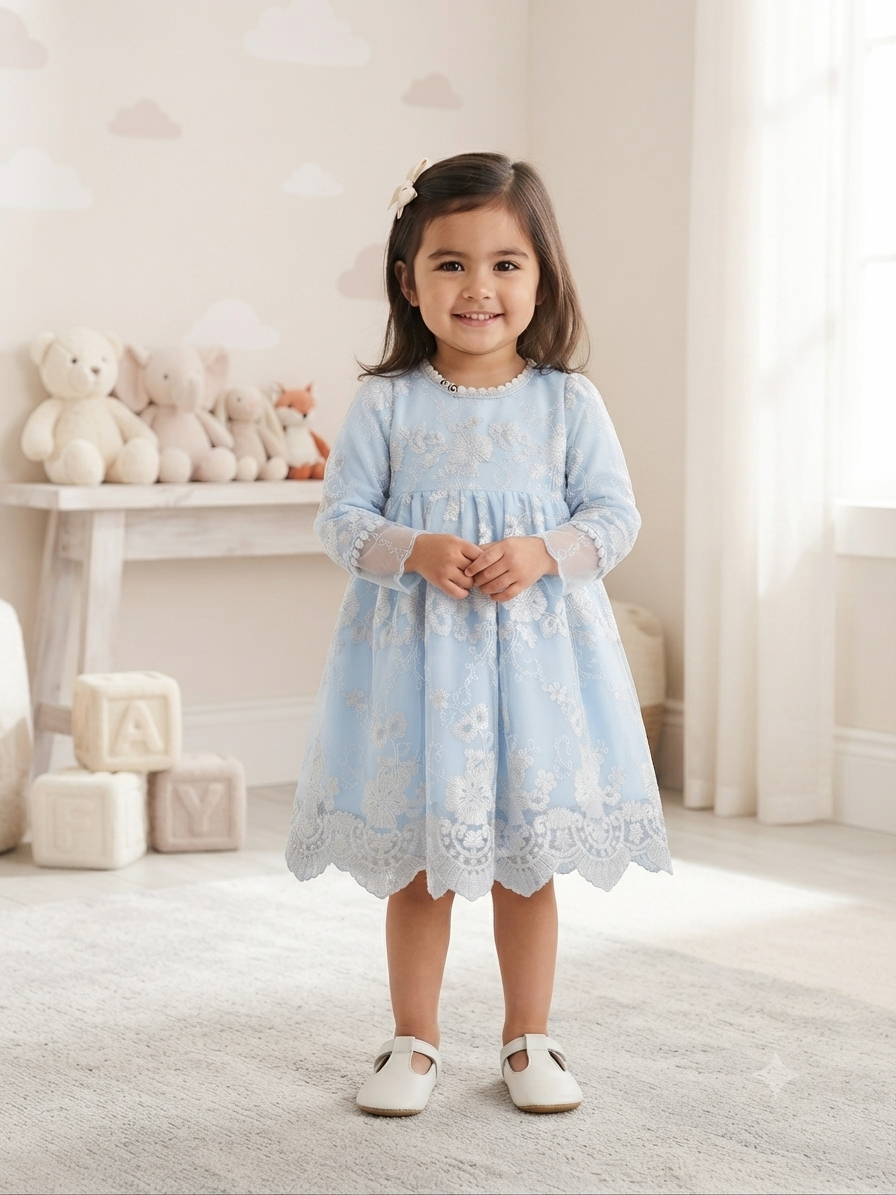 Vestido niña azul cielo de tul con encaje bordado