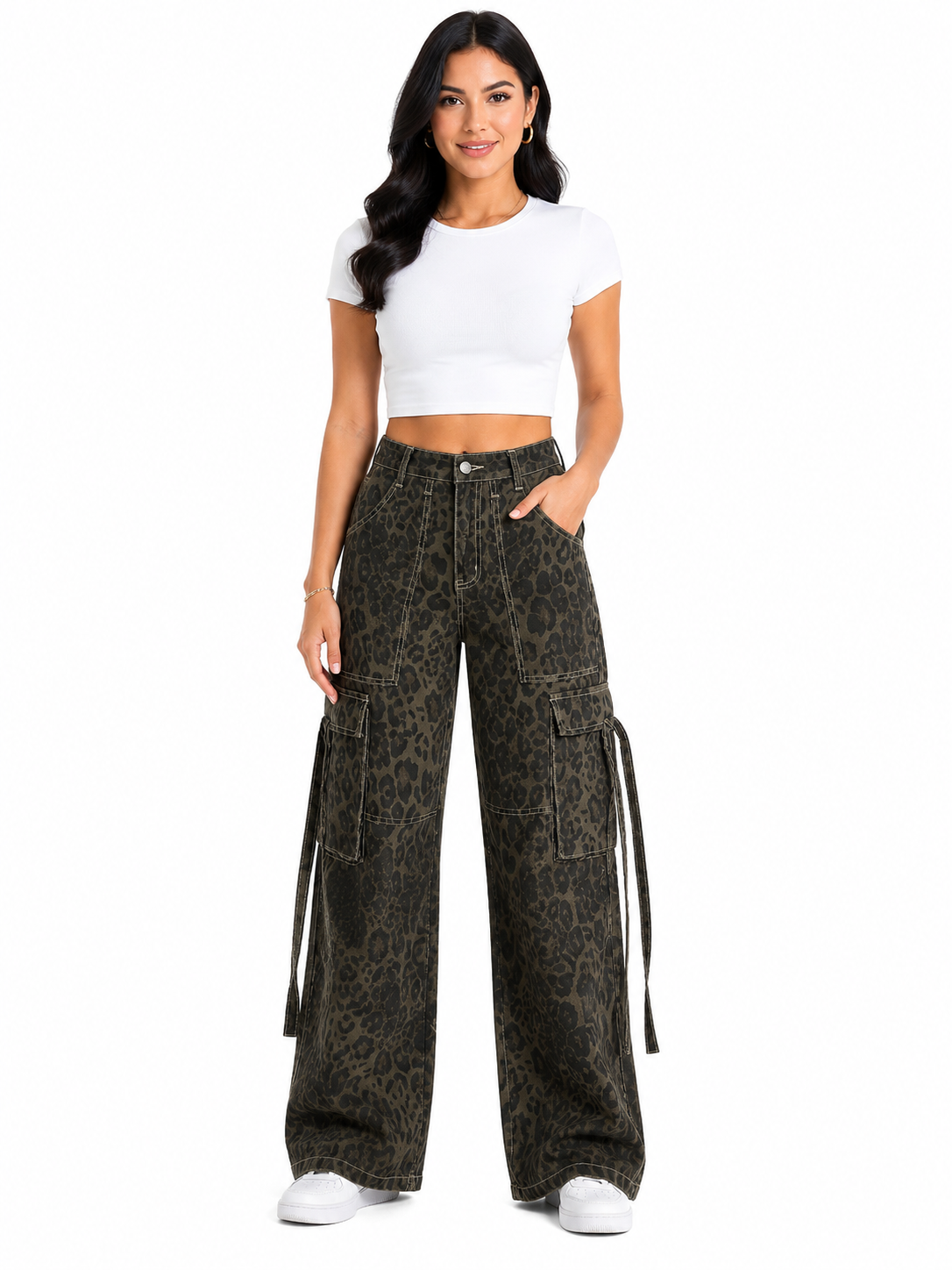 Pantalón dama mezclilla cargo palazzo animal print