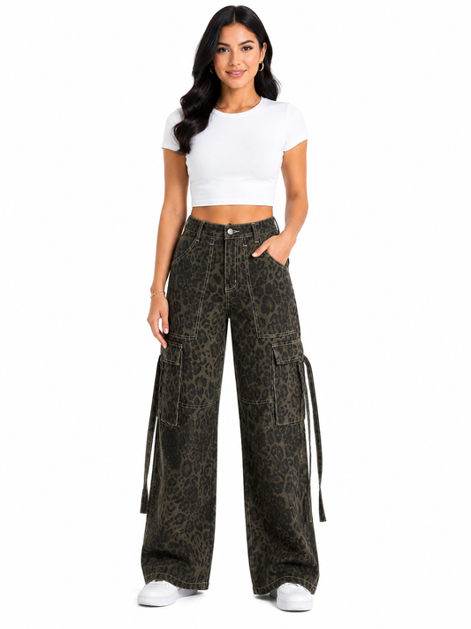 Pantalón dama mezclilla cargo palazzo animal print