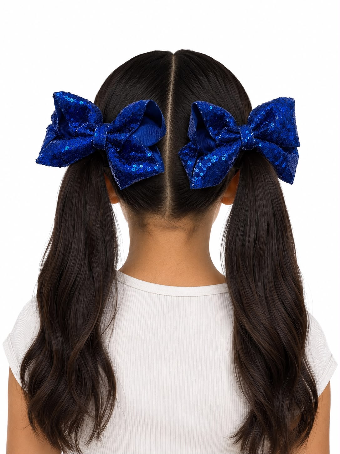 Moño par niña grande azul rey de lentejuelas