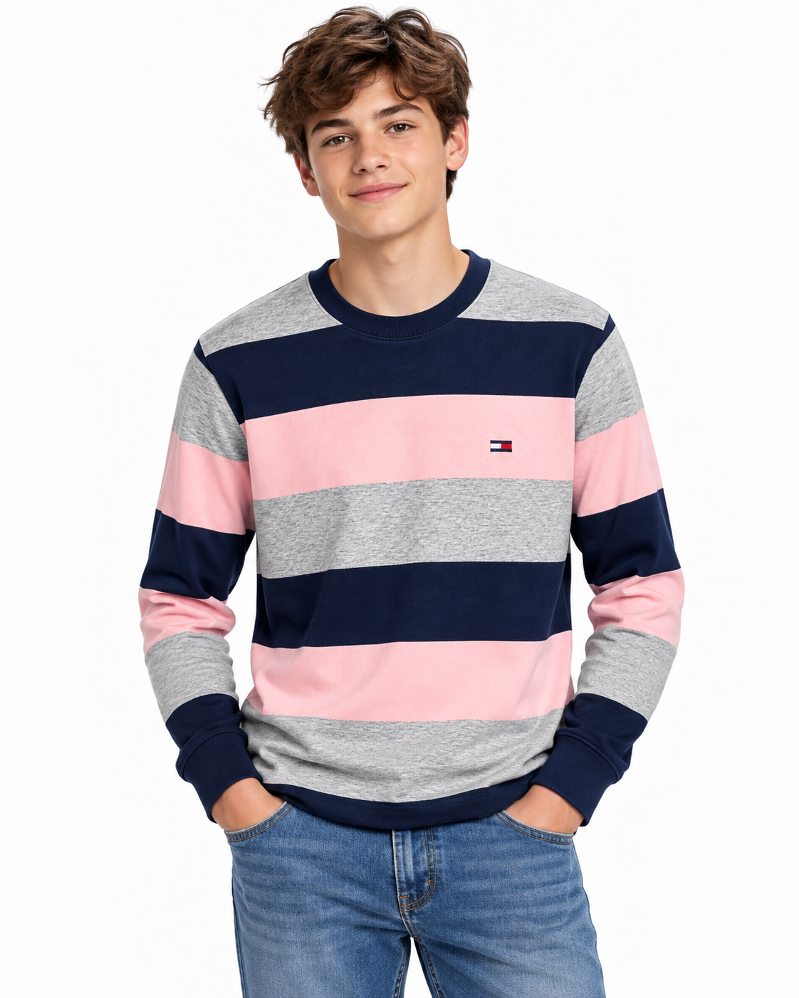 Playera niño manga larga- rayas rosa con azul