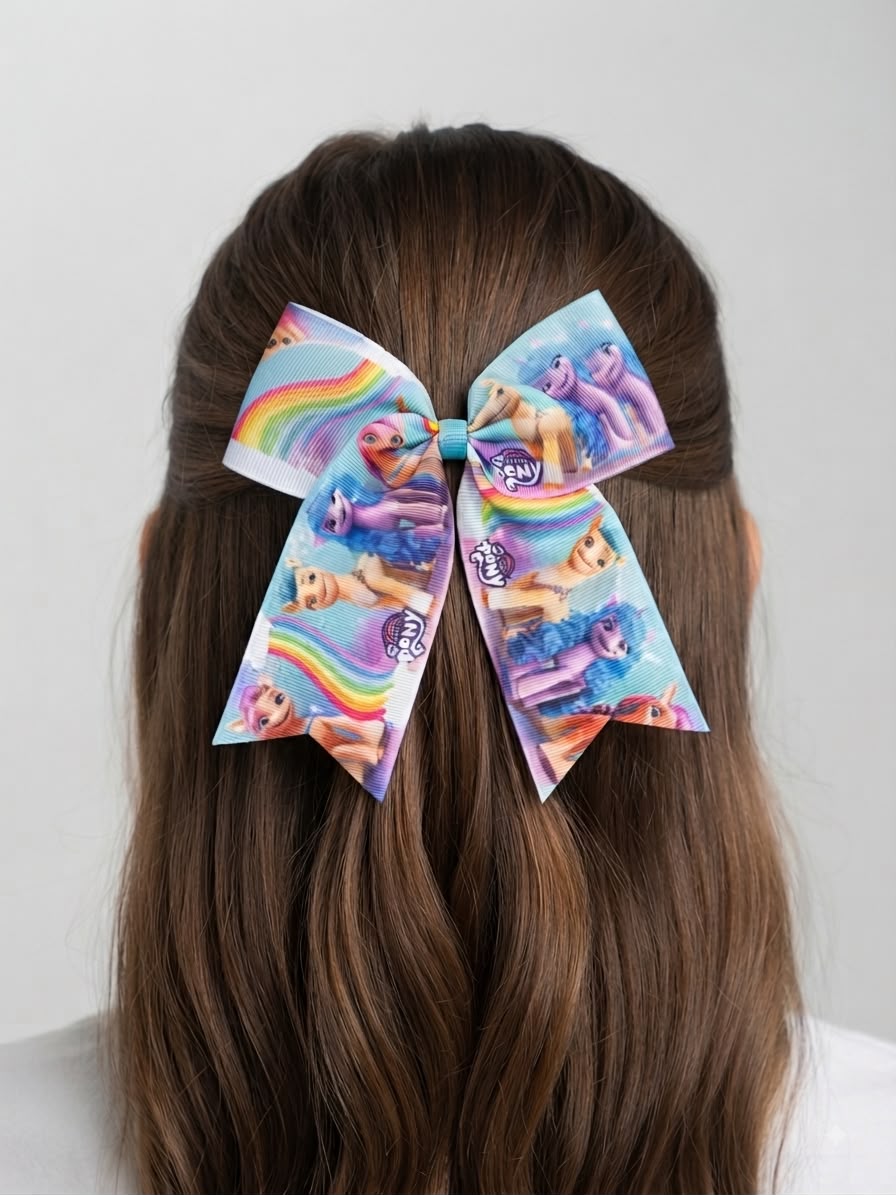 Moño niña estampado de ponis con arcoíris