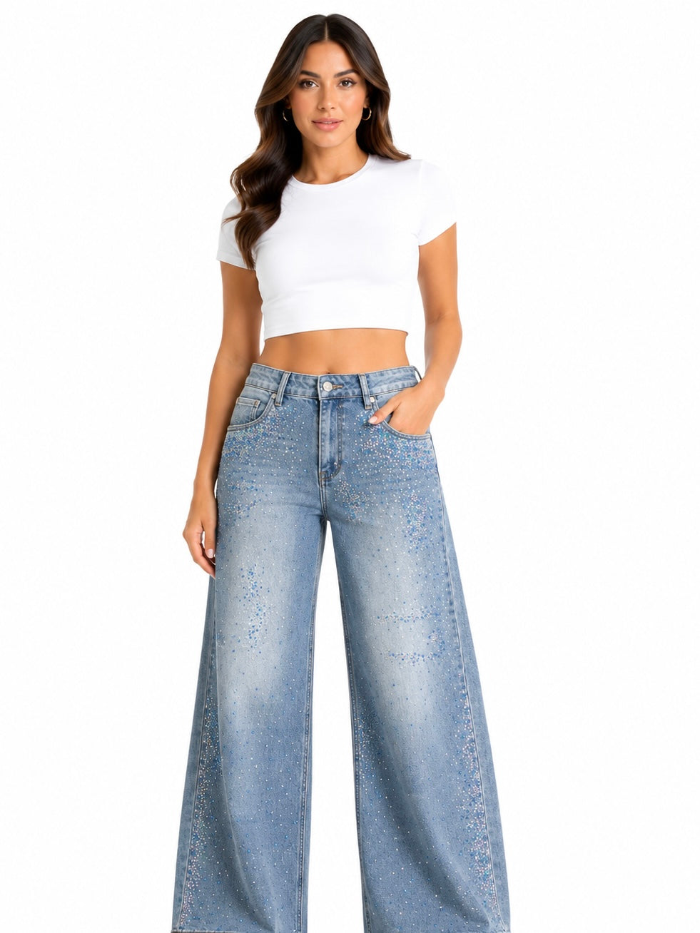 Pantalón dama mezclilla palazzo con pedrería brillante