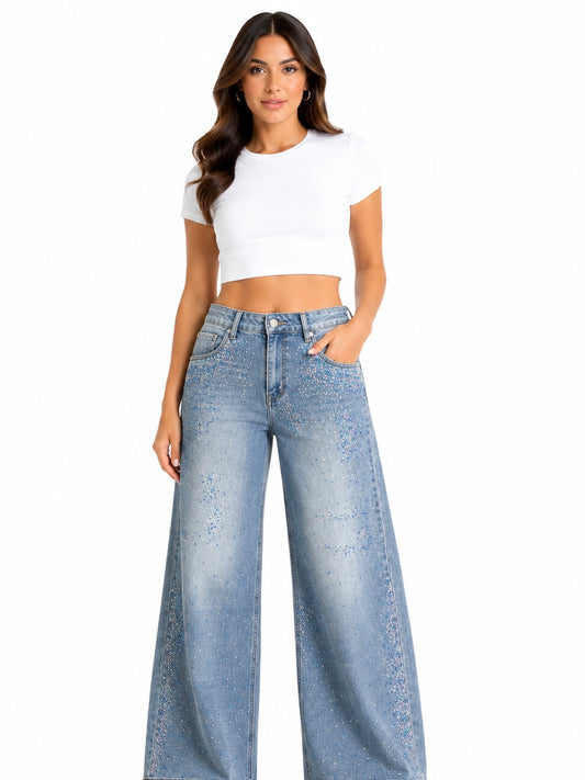 Pantalón dama mezclilla palazzo con pedrería brillante