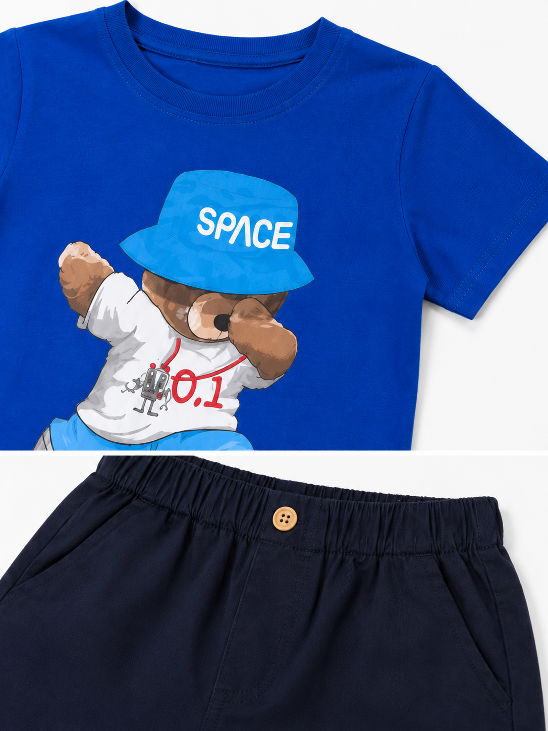 Set niño playera azul con short azul marino estampado de oso estilo casual moderno