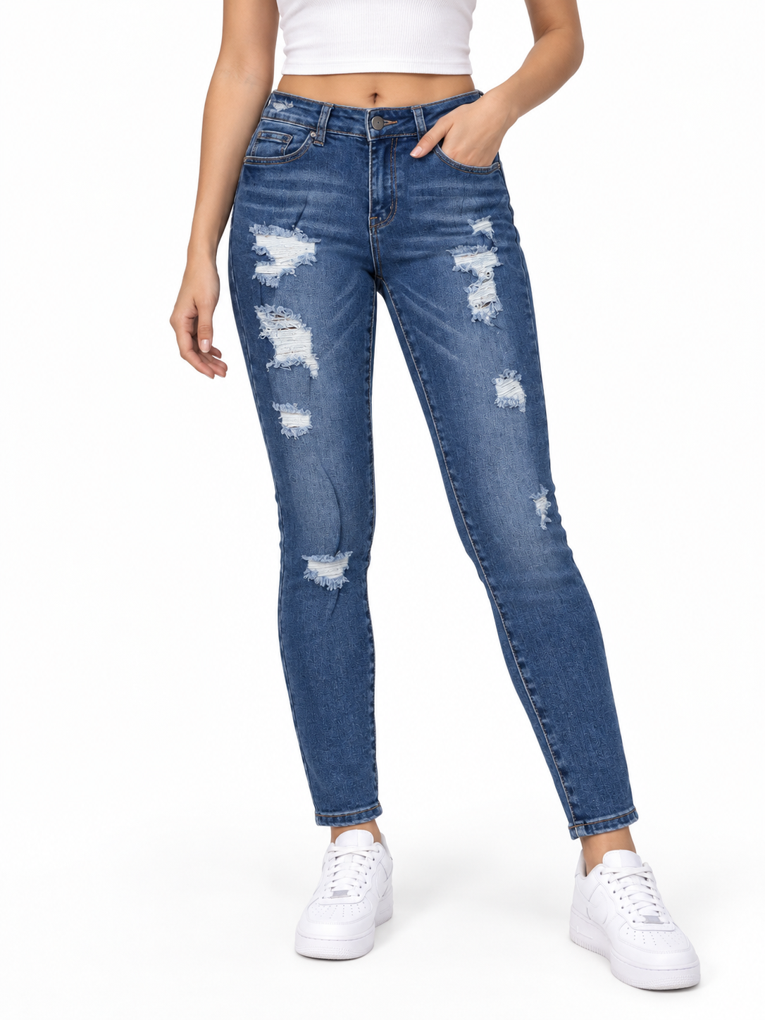 Pantalón dama mezclilla skinny con rasgados y tiro alto