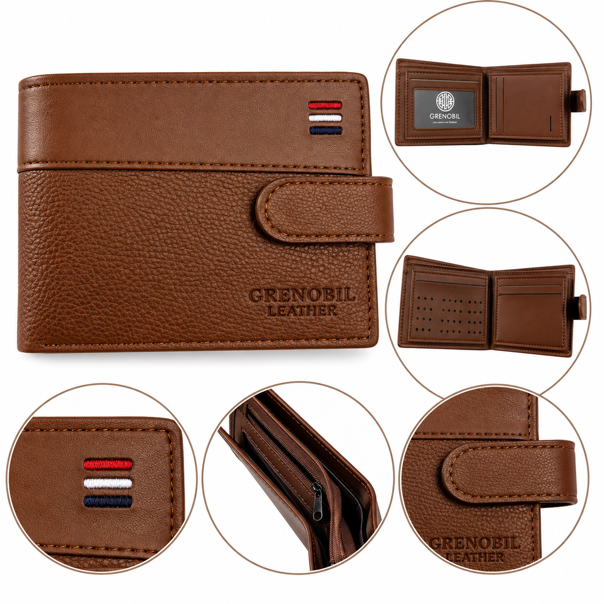 Cartera caballero con broche y múltiples compartimentos
