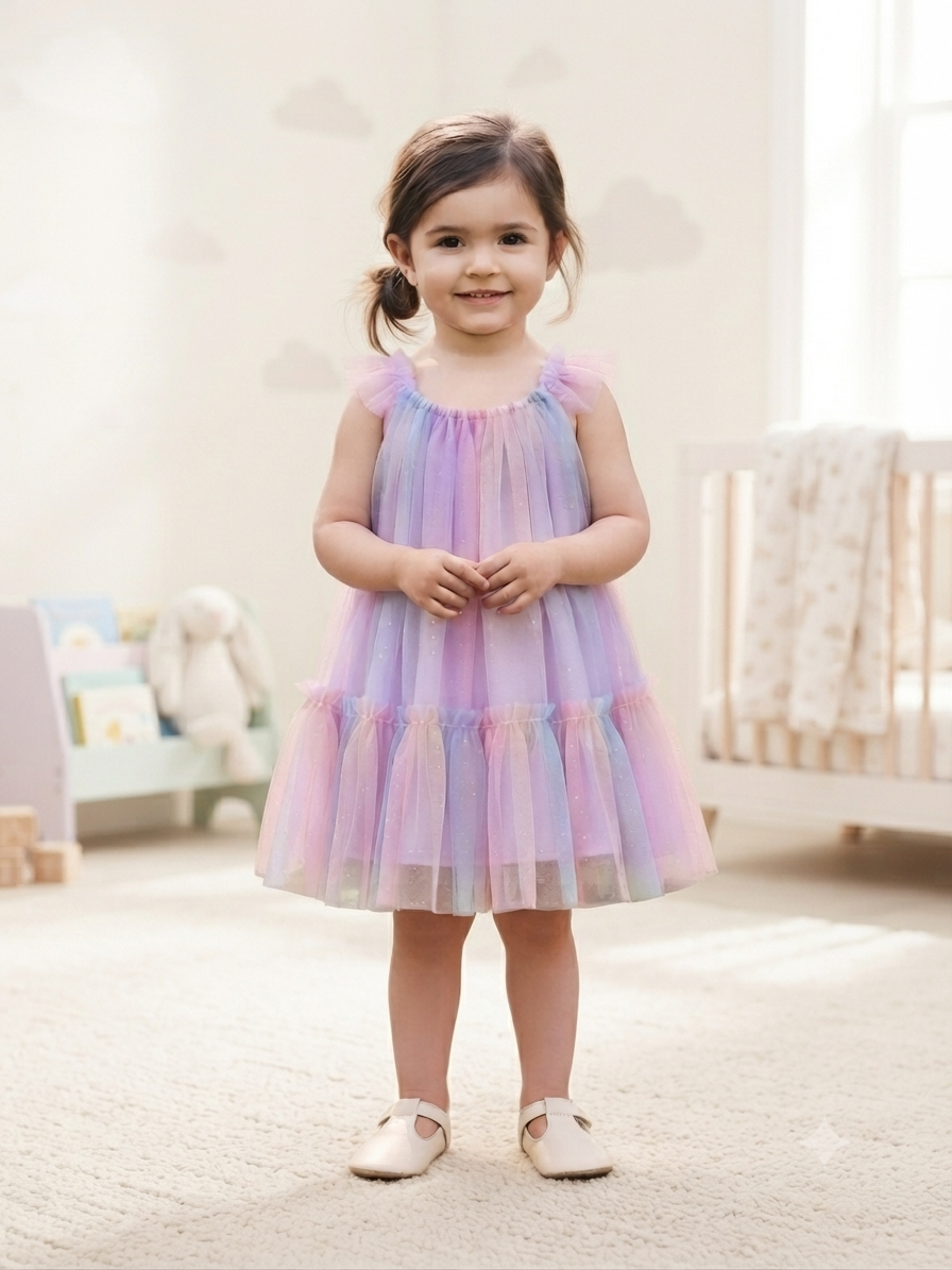 Vestido niña tul degradado en tonos pastel con olanes