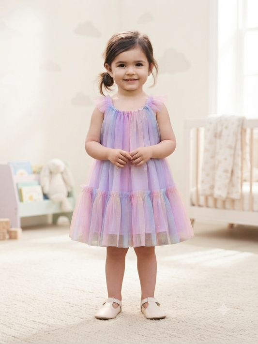 Vestido niña tul degradado en tonos pastel con olanes