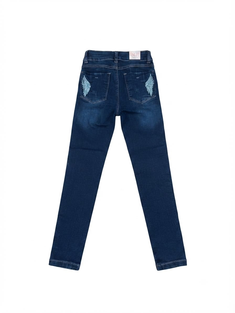 Pantalón niña skinny mezclilla con bordado de alas atrás