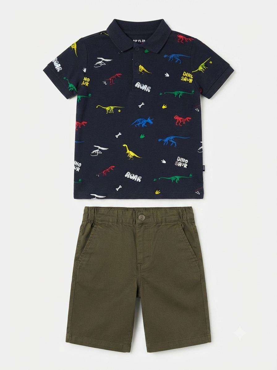 Set niño tipo polo estampado dinosaurios con short casual