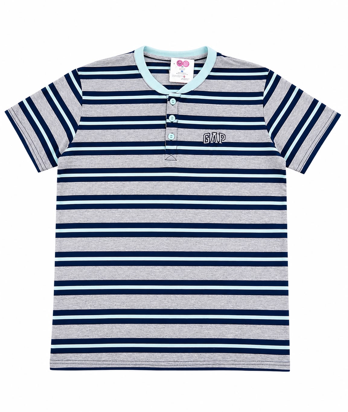 Playera niño cuello redondo rayas gris, azul marino y azul cielo