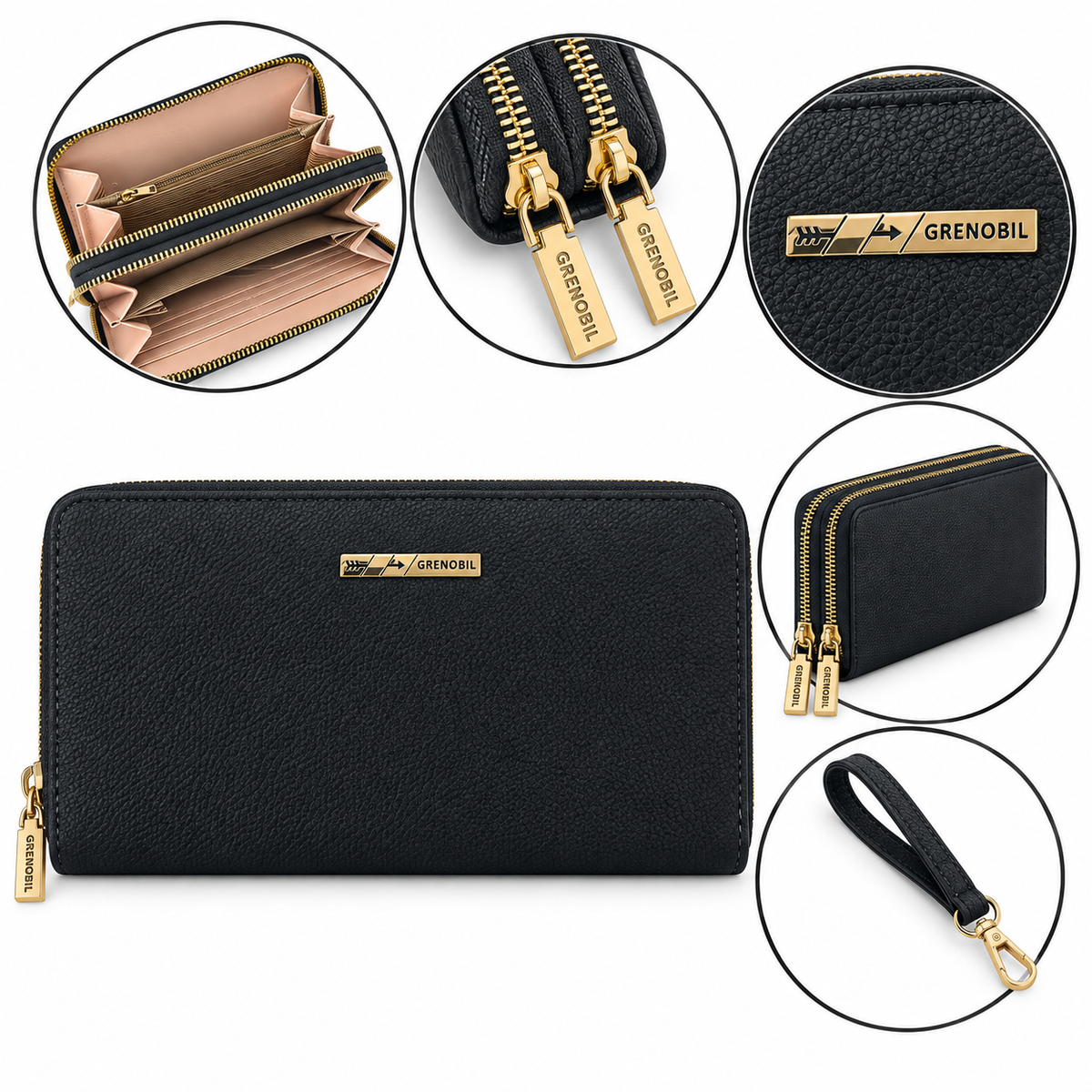 Cartera dama con doble cierre y múltiples compartimentos