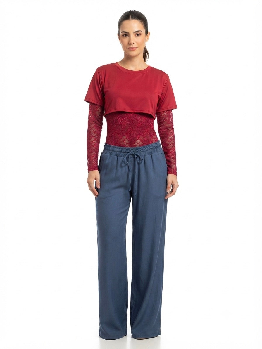 Set Dama 3 Piezas Color Vino – Body de Encaje + Crop Top + Pantalón tela