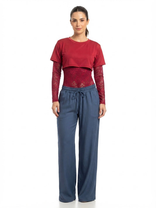 Set Dama 3 Piezas Color Vino – Body de Encaje + Crop Top + Pantalón tela
