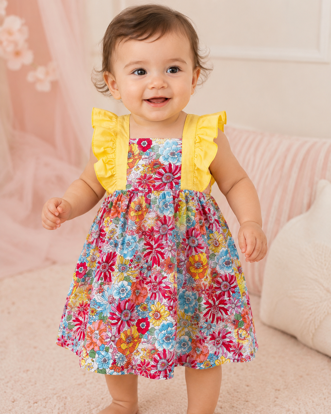 Vestido niña meses floral con olanes amarillos