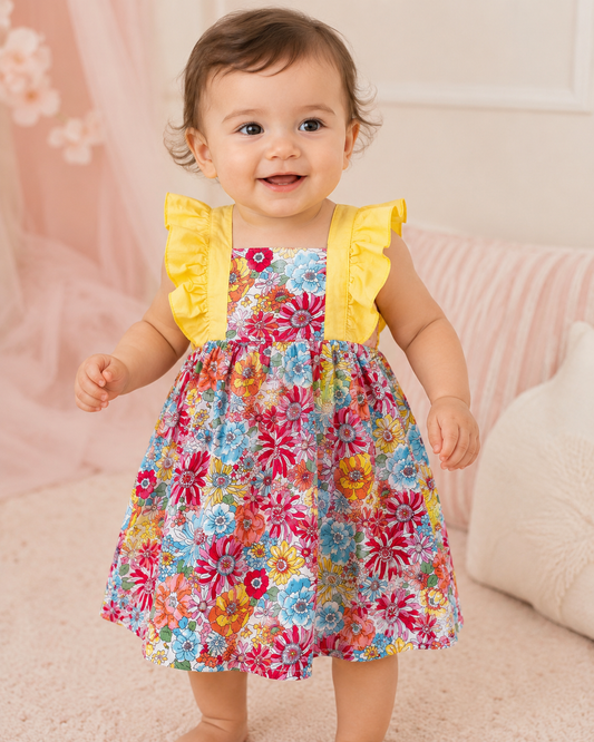 Vestido niña meses floral con olanes amarillos