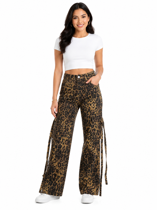 Pantalón dama mezclilla cargo palazzo animal print