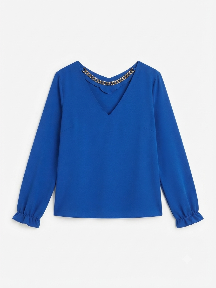 Blusa dama OFERTA manga larga cuello V color azul rey