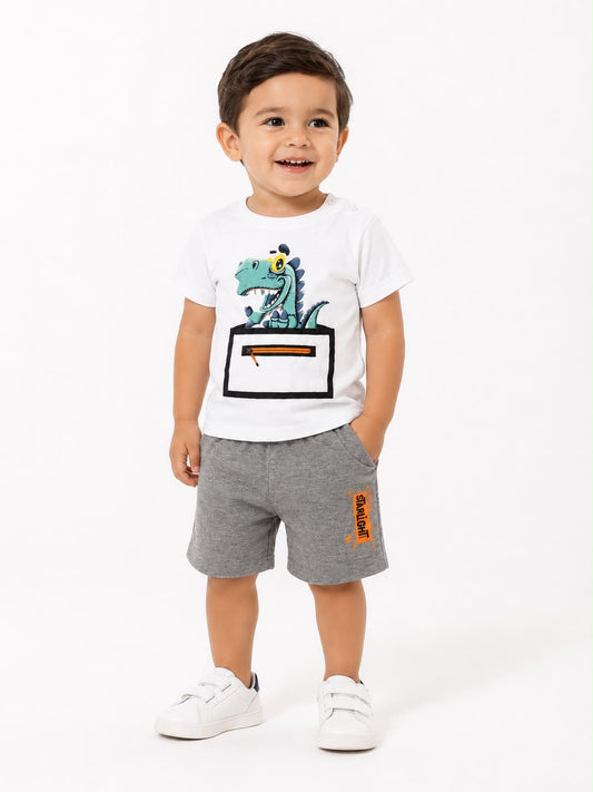 Set niño playera dinosaurio blanca con short gris